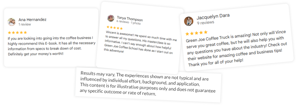 Collage of three testimonial cards showing user names star ratings and short quotes a disclaimer note sits below