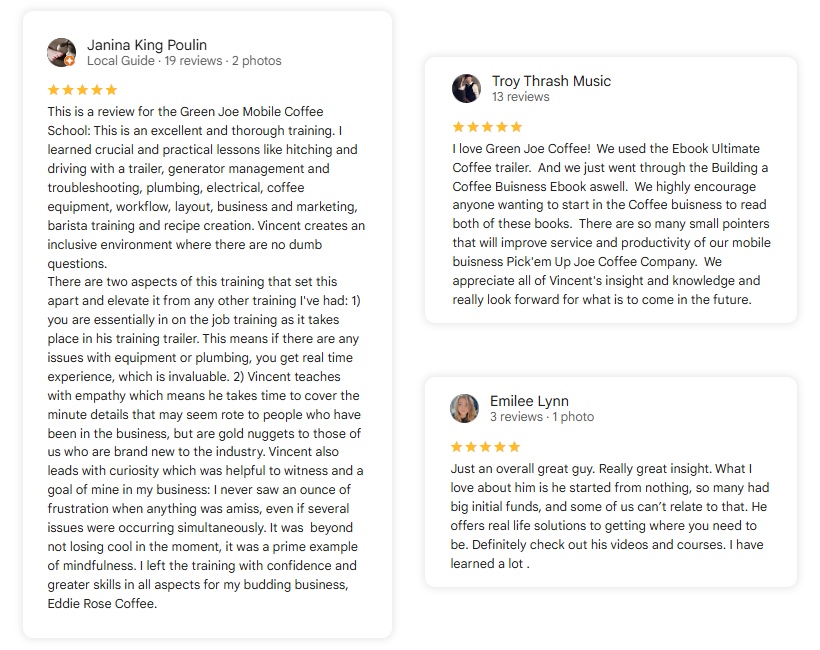 Three testimonial cards with user avatars names star ratings and review quotes about a coffee training program
